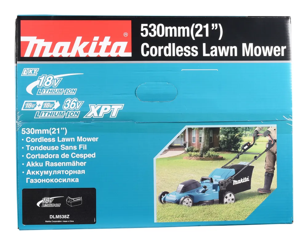 Pildil on Makita 530 mm (21") akumuruniiduk DLM538Z, millel on kujutatud muruniidukit kasutavat inimest niidetud murul.