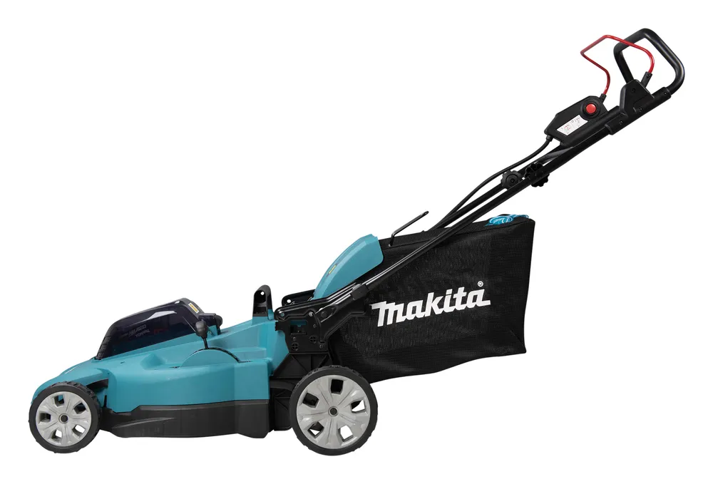 Pildil on Makita akumuruniiduk DLM538Z, ilma aku ja laadijata, millel on must kogumiskott ja sinised detailid.