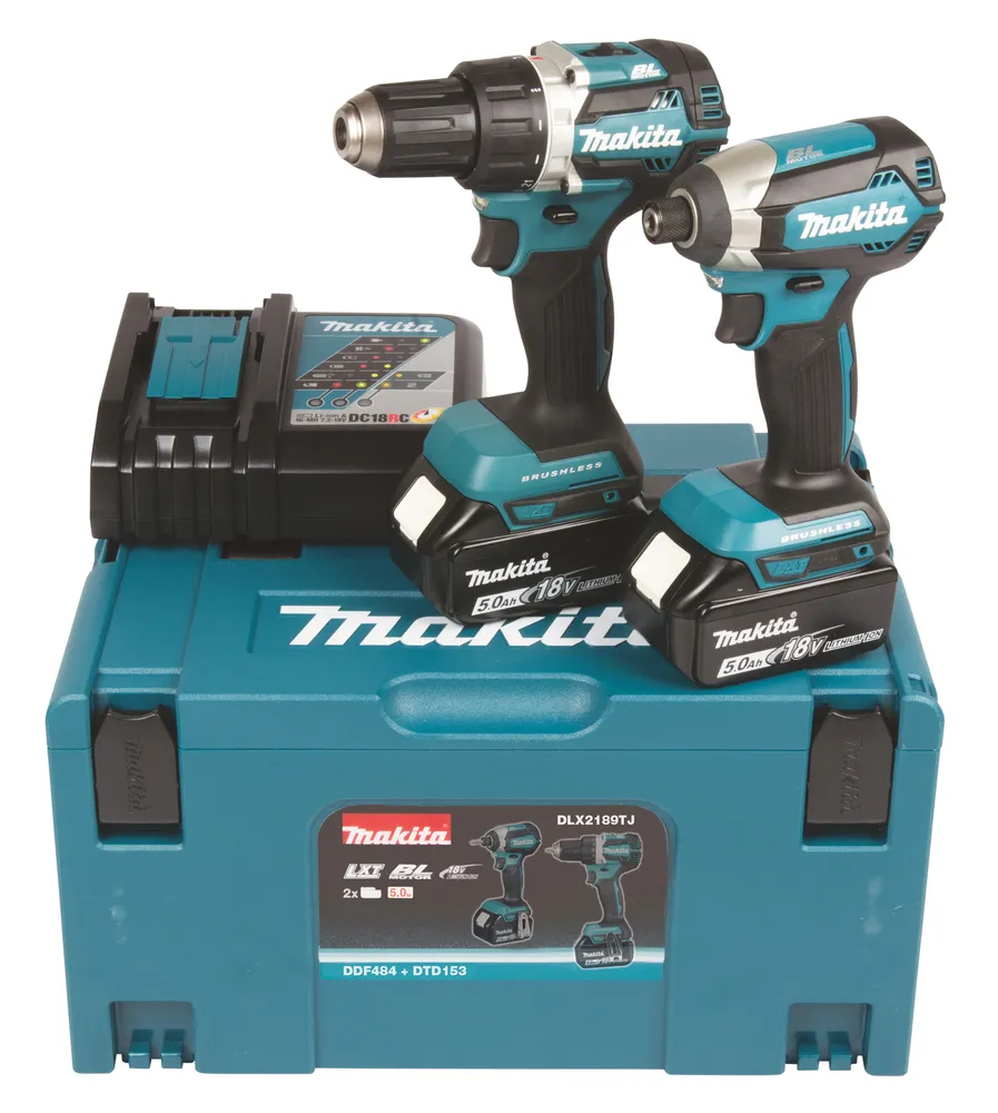 Pildil on Makita combokit DLX2189TJ, mis sisaldab akutrelli, lööktrelli, laadijat ja tööriistakohvrit.