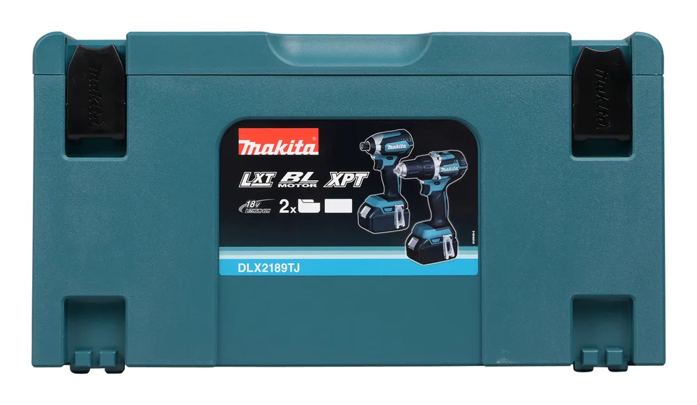 Pildil on Makita combokomplekt DLX2189TJ, mis sisaldab kahte tööriista ja nende tarvikuid.