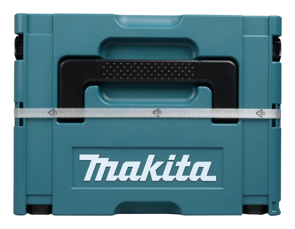 Pildil on kujutatud Makita combokit DLX2189TJ, mis on turvavööga kinnitatud sinine kohver.