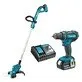 Pildil on Makita DLX2489 combokit, mis sisaldab akuga trimmerit, akutrelli, laadijat ja akut.