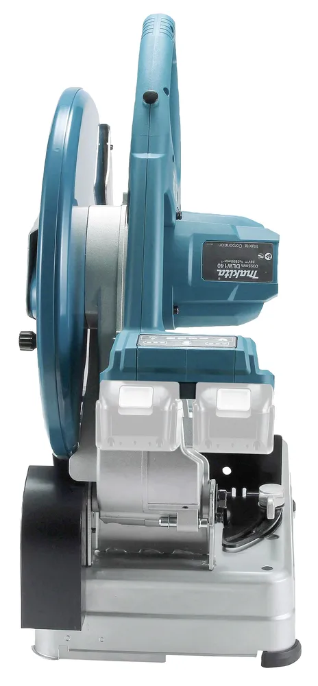 Pildil on Makita akuga metallilõikur DLW140Z, millel on sinine käepide ja metallist alus.