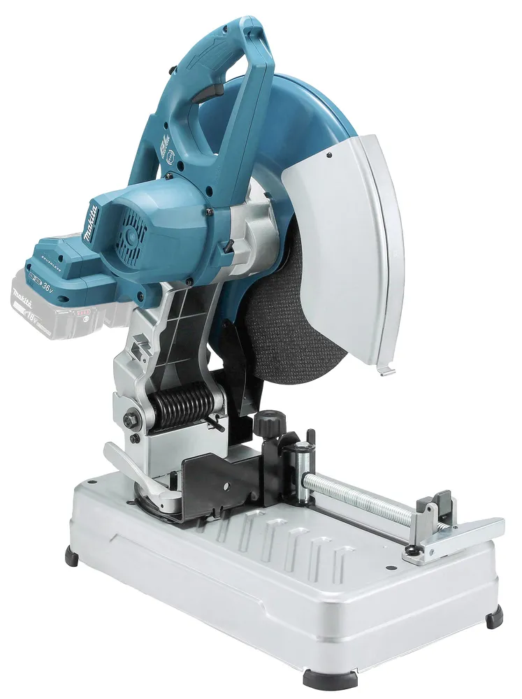 Pildil on näha Makita akuga metallilõikur DLW140Z, mis on oma alusel.