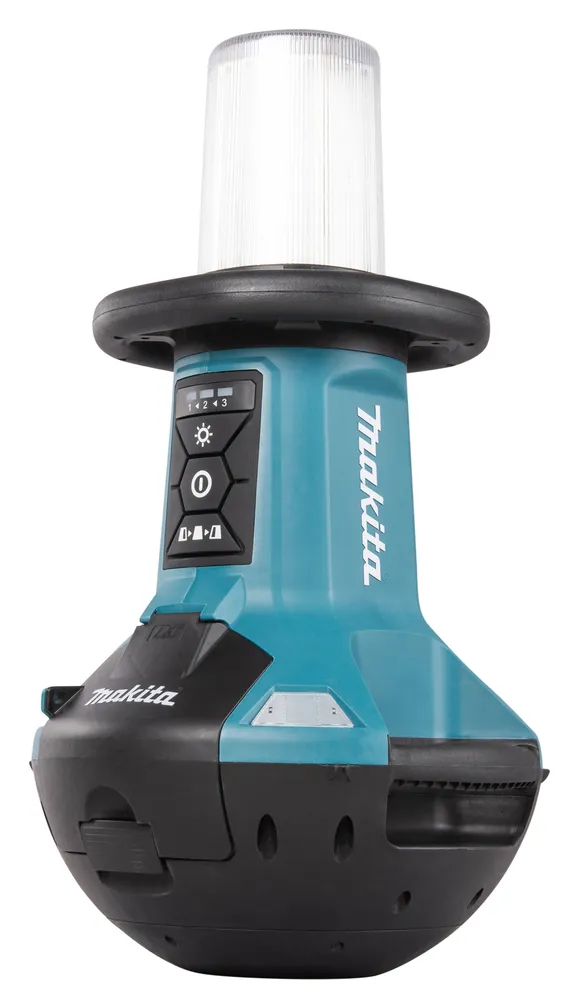 Pildil on Makita akulamp DML810 ilma aku ja laadijata, millel on selge valgusallikas, juhtpaneel ja kaubamärgi logo.