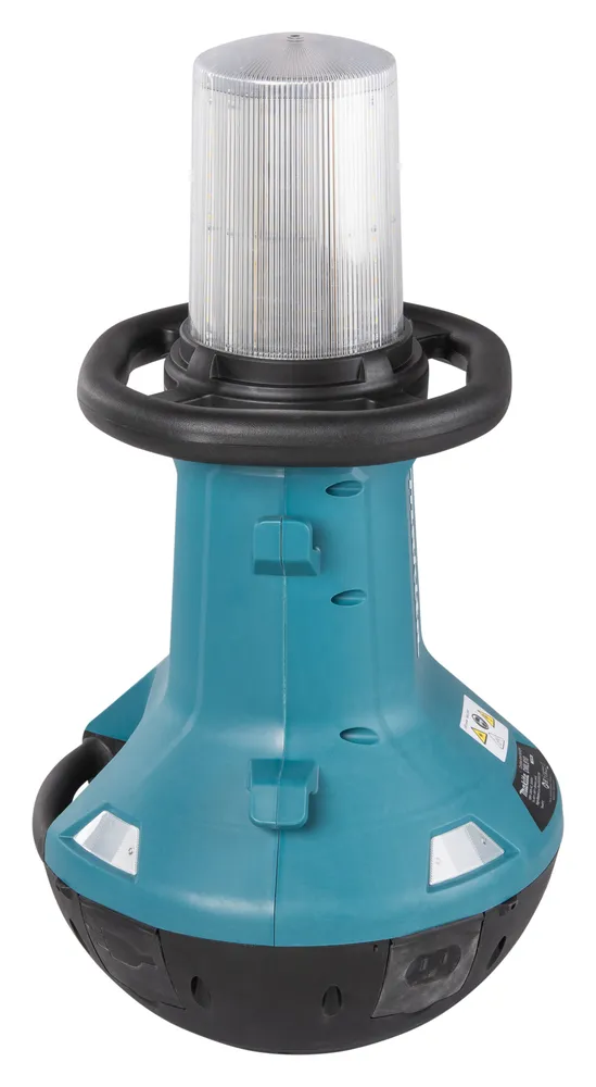 Pildil on Makita akulamp DML810, millel on sisselülitatud LED-valgusti ja rippuv käepide.