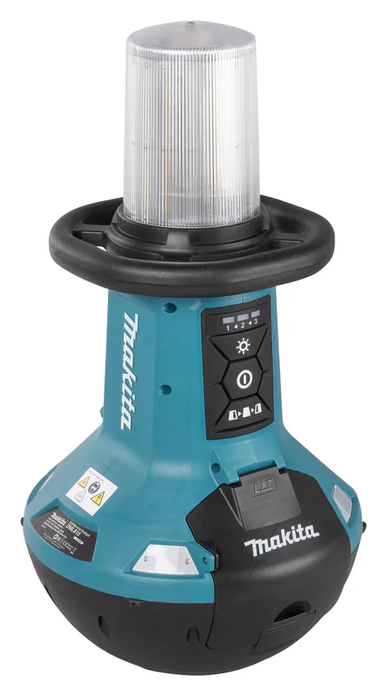 Pildil on näha Makita DML810 akulamp, millel on selge LED-valgusti, oranž käepide ja juhtpaneel.