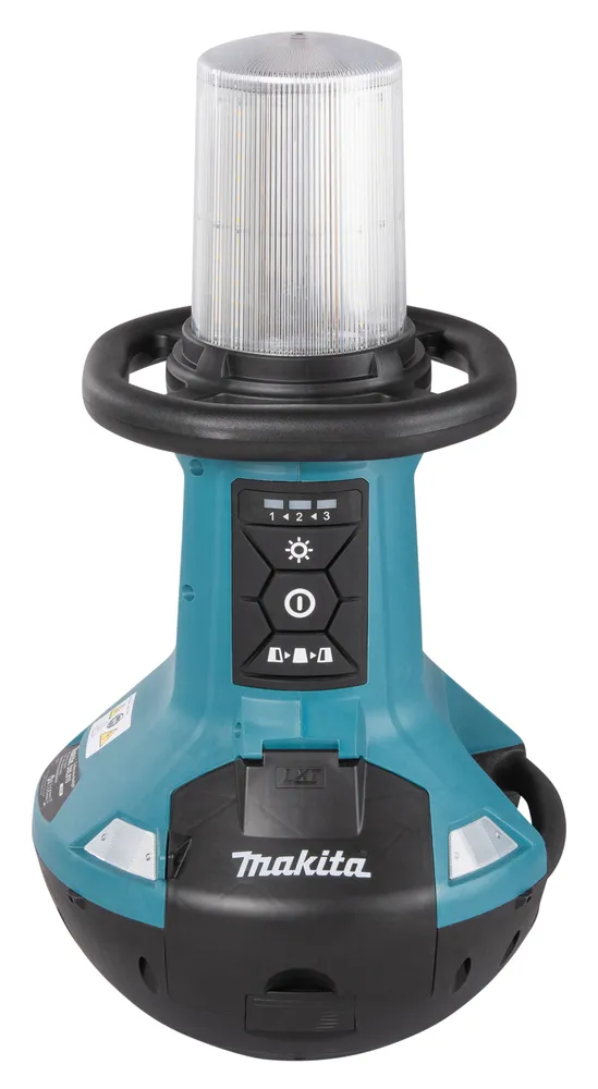 Pildil on Makita akulamp DML810, millel on selge valgusti, must käepide ja juhtpaneel.