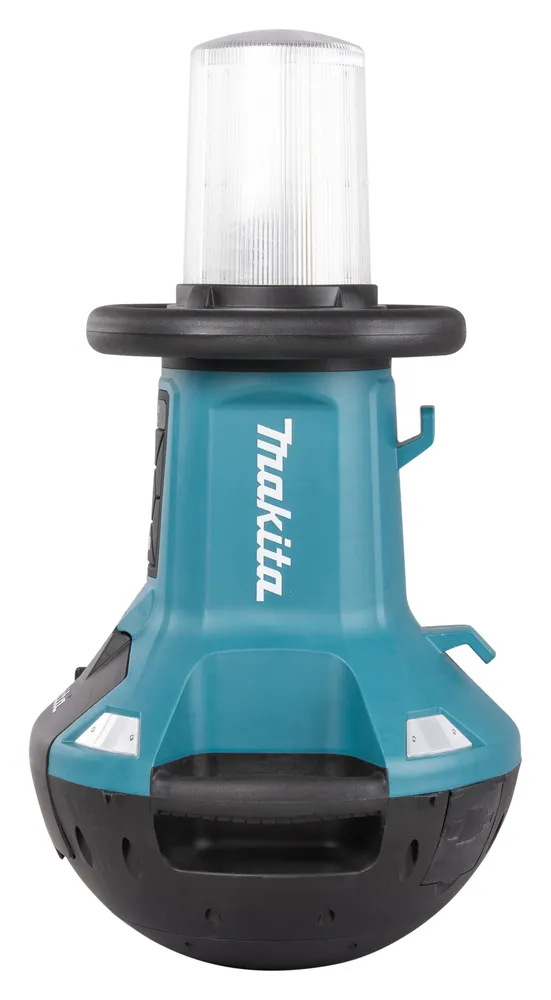 Pildil on Makita akulamp DML810, millel on vertikaalne läbipaistev valguskuppel ja sinakashall korpus.