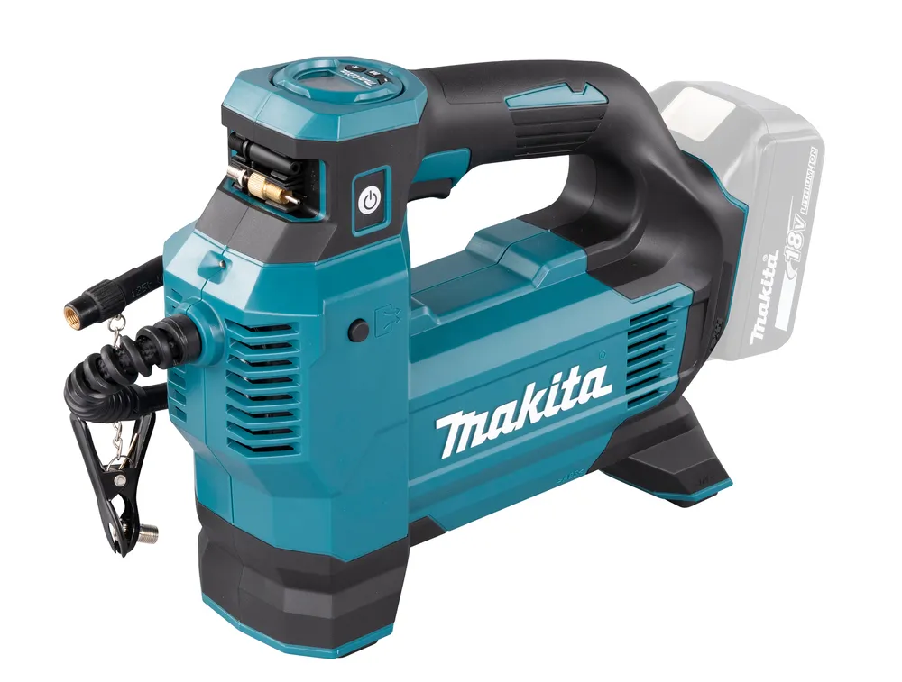 Pildil on Makita akupump DMP181Z, mida kasutatakse rehvirõhu reguleerimiseks.