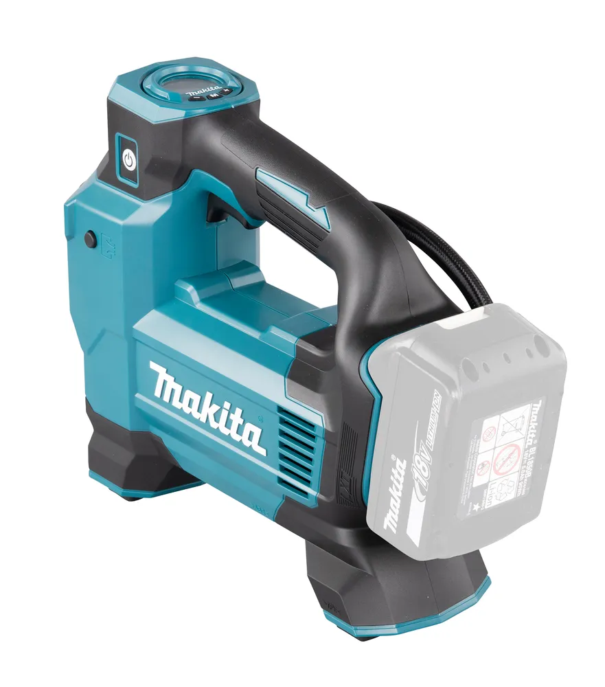 Pildil on Makita akupump DMP181Z, millel on sinine ja must korpus, käepide ja digitaalne ekraan.