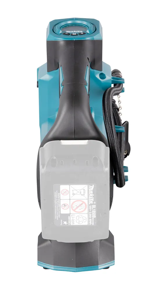 Pildil on Makita akupump DMP181Z, millel on selge digitaalne ekraan, käepide ja ilma akuta akuümbris.