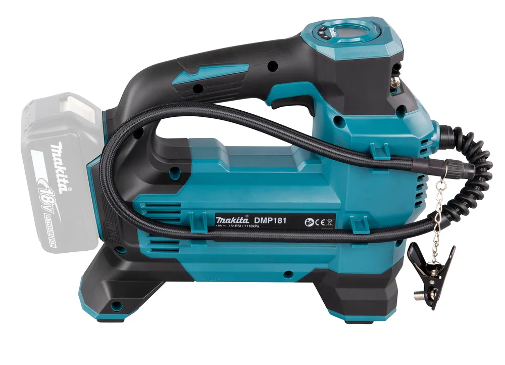 Pildil on näha Makita akupump DMP181Z, mis on varustatud 18V akuga ning millel on kaasas must õhuvoolik ja klambriga otsik.