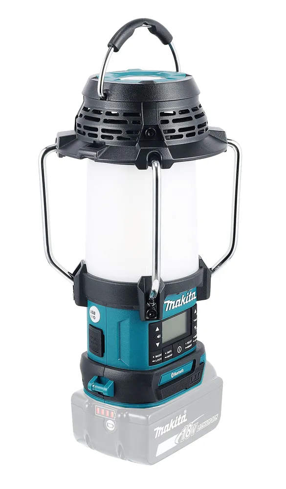 Pildil on Makita akulamp-raadio DMR056, mis töötab 18V akuga ning on varustatud Bluetooth ühendusega.