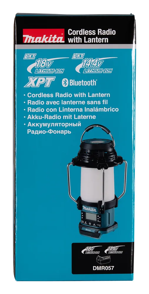 Pildil on Makita akulamp-raadio DMR057, mida iseloomustavad erinevad keelsed nimetused ja aku tüübid.