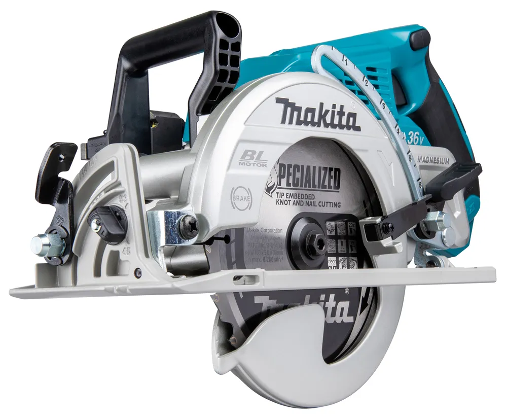 Pildil on Makita akuketassaag DRS780Z, millel on näha tera, kaitsekate ja käepide.