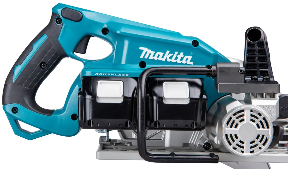 Pildil on Makita akuketassaag DRS780Z, ilma aku ja laadijata, näha on sae korpust koos mootoriga, kaht akukohta ja käepidet.
