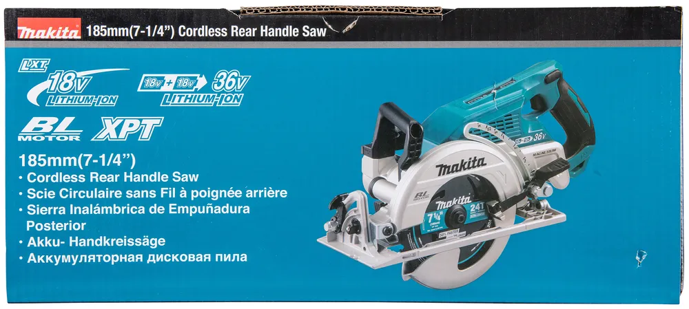 Pildil on sinisel taustal Makita akuketassaag koos selle pakendiga, millel on märgitud toote omadused ja tehnilised andmed.