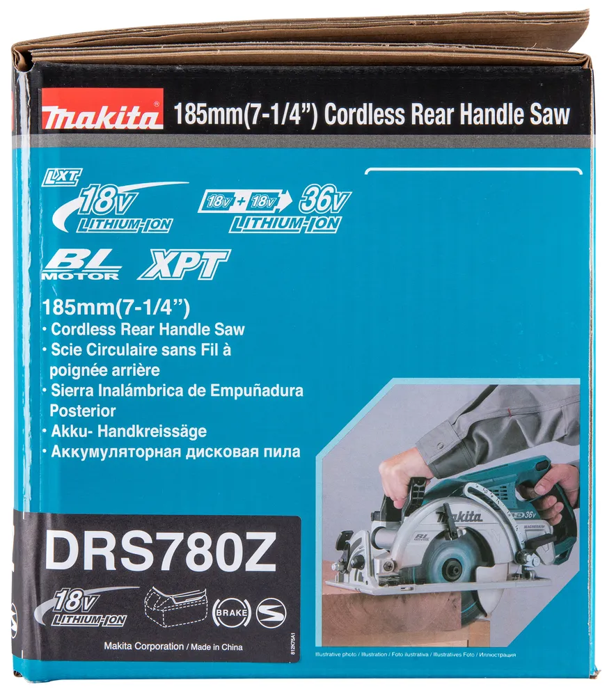 Pildil on Makita akuketassaagi DRS780Z karp, mille peal on näha sae illustratsioon ja informatsioon toote kohta.