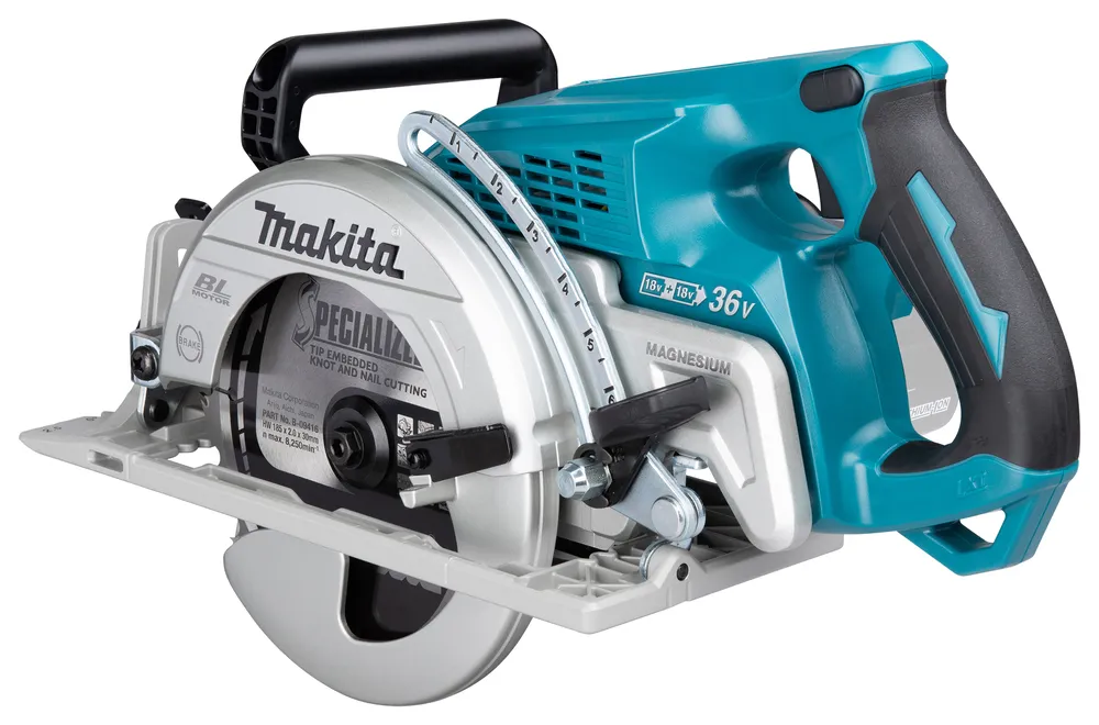 Pildil on Makita akuketassaag DRS780Z, millel on roheline ja must käepide, hõbedane tera ja turvahoidik, nähtavad on...