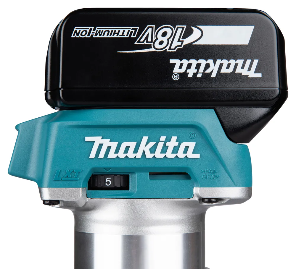 Pildil on näha Makita aku ülafrees/servafrees DRT50ZJX5, kus on esile toodud akuosa koos Makita logoga ja seadme kere...
