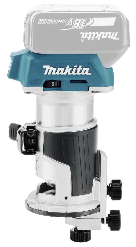 Pildil on Makita aku ülafrees/servafrees DRT50ZJX5, mis on kaetud teksti "Makita" ja sellele paigaldatud 18V aku.