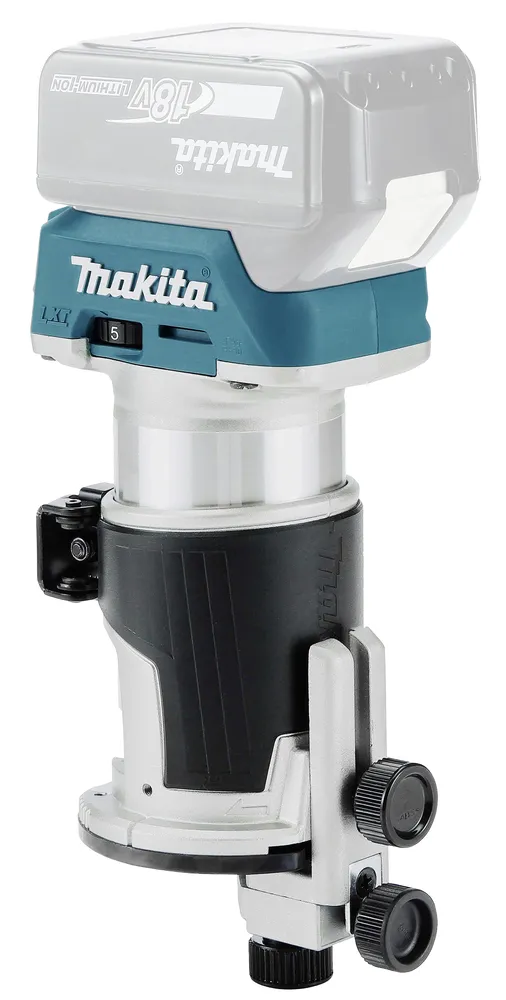 Pildil on Makita aku ülafrees/servafrees DRT50ZJX5, millel on näha ülaosas kinnitatud aku ja allosas reguleeritavad osad.