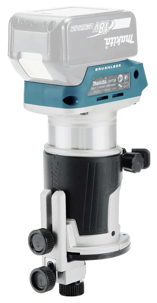 Pildil on Makita aku ülafrees/servafrees DRT50ZJX5, mis on valge ja metallikvärvi.