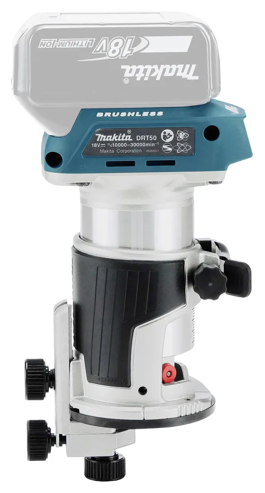 Pildil on näha Makita DRT50ZJX5 aku ülafrees/servafrees, mis töötab ilma aku ja laadijata.