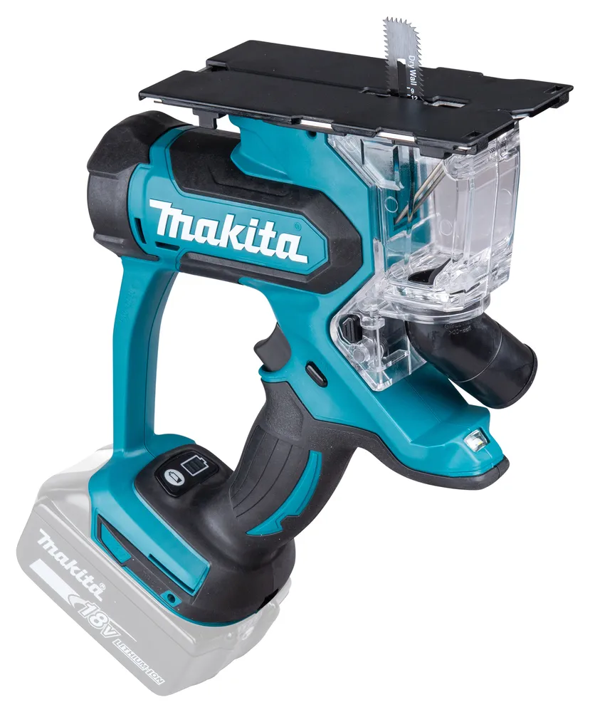 Pildil on Makita akukipsplaadi lõikur DSD180Z, millel on näha tera, tolmukoguja ja aku.