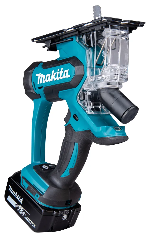 Pildil on näha Makita akukipsplaadi lõikur DSD180Z, tööriistakomplektiga, akuta ja laadijata.