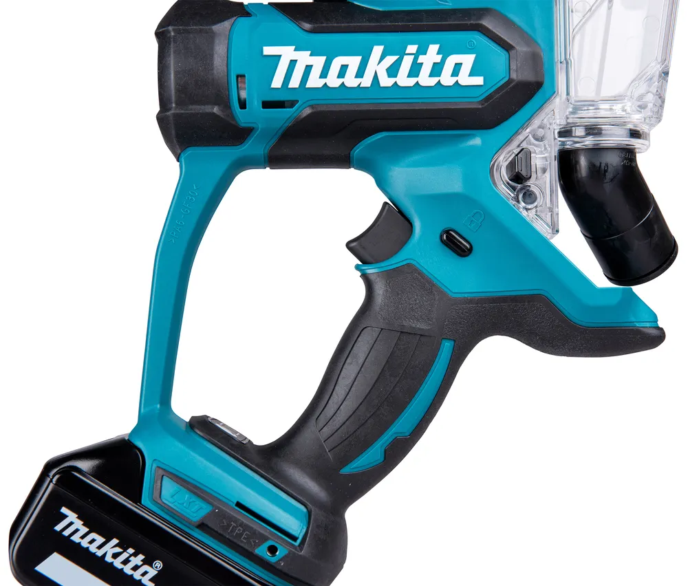 Pildil on näha Makita akukipsplaadi lõikuri DSD180Z osa, kus on näha käepide ja aku kinnitus.