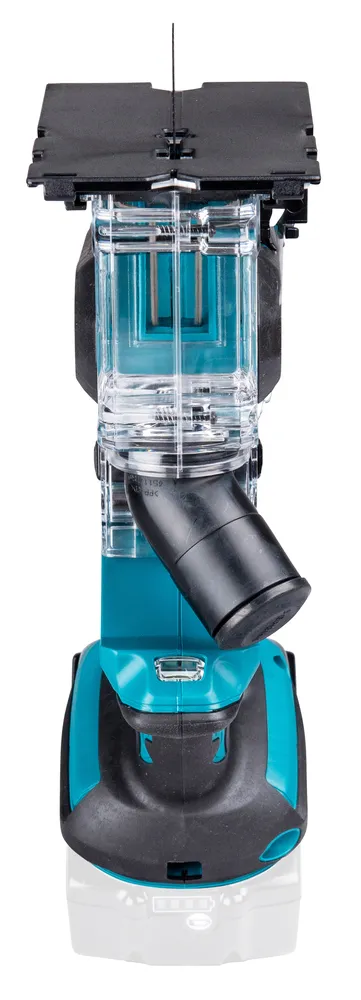 Pildil on näha Makita akukipsplaadi lõikur DSD180Z, millel on must pealispind ja läbipaistev tööosa.