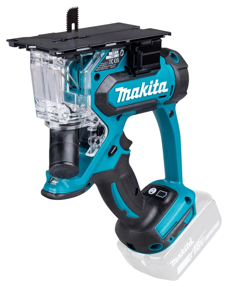 Pildil on Makita akukipsplaadi lõikur DSD180Z koos laetuse indikaatori nupuga.