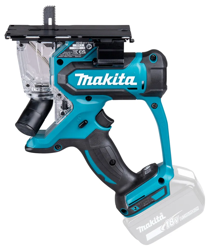 Pildil on kujutatud Makita akukipsplaadi lõikur DSD180Z, millel on näha saetera ja juhtmeta disain koos 18V aku...