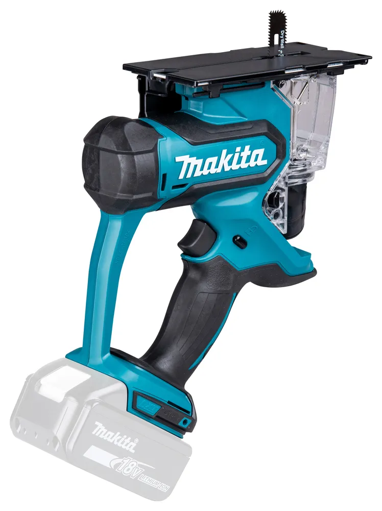 Pildil on näha Makita akukipsplaadi lõikur DSD180Z, mis on erksinine ja musta värvi tööriist, mille külge on kinnitatud...