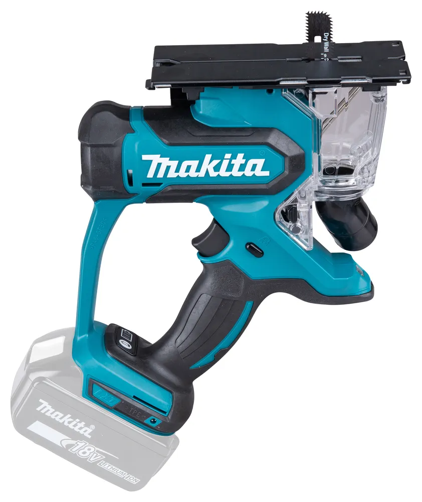 Pildil on Makita akukipsplaadi lõikur DSD180Z, mis on varustatud teraga, tolmukogumisümbrise ja eemaldatava akuga.