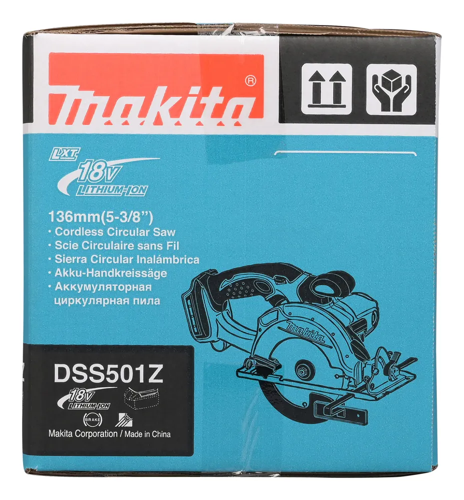 Pildil on Makita akuketassaagi DSS501Z karp, millel on märgitud toote omadused ja illustratsioon saest.