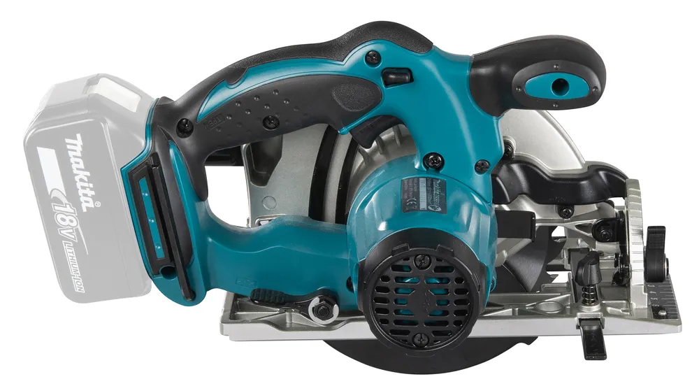Pildil on Makita akuketassaag DSS610Z, mida näidatakse ilma aku ja laadijata, näidates seadme detaile ja ehitust.