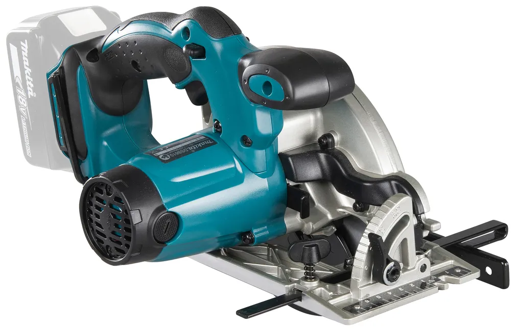 Pildil on Makita akuketassaag DSS610Z, mida on näha külje pealt, koos aku ja sae detailidega.