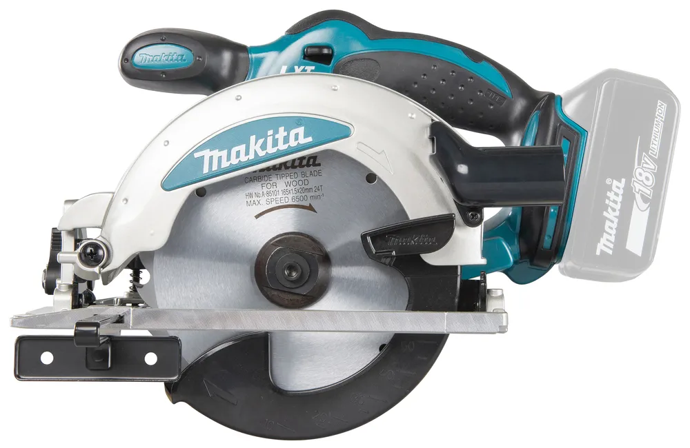 Pildil on Makita akuketassaag DSS610Z, mida on näha külje pealt ja see sisaldab detailidele nagu saetera ja 18V...
