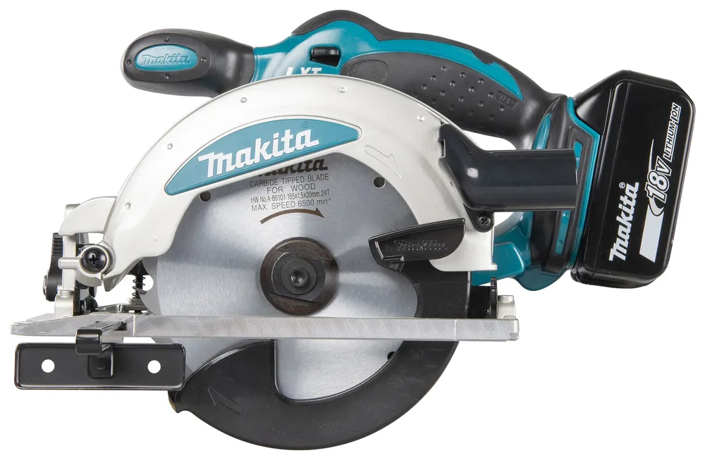 Pildil on Makita akuketassaag DSS610Z, mida on näha külje pealt.