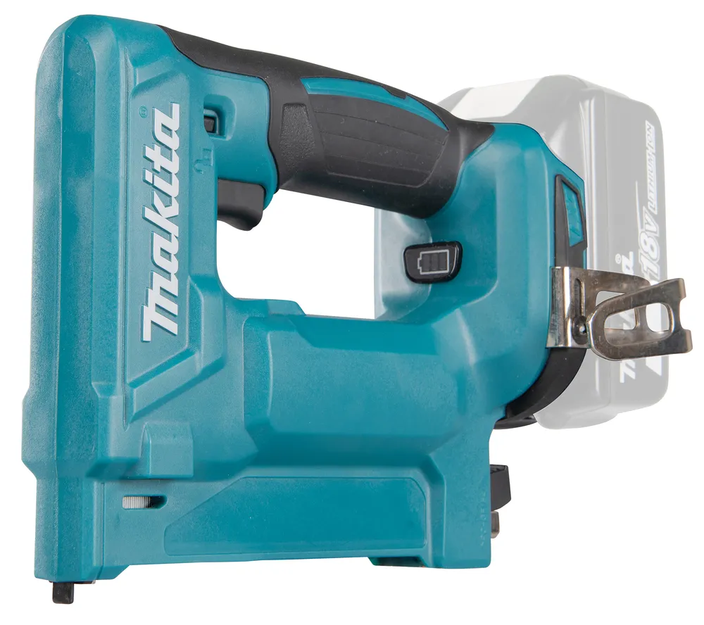 Pildil on Makita DST112Z akuklambrilööja, mis on erksinise ja musta värvi tööriist, millel on käepide ja aku kinnituskoht.