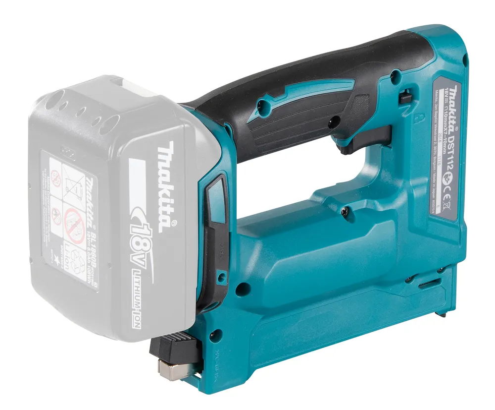 Pildil on Makita akuklambrilööja DST112Z, millel on paigaldatud näidissuuruses 18V aku.