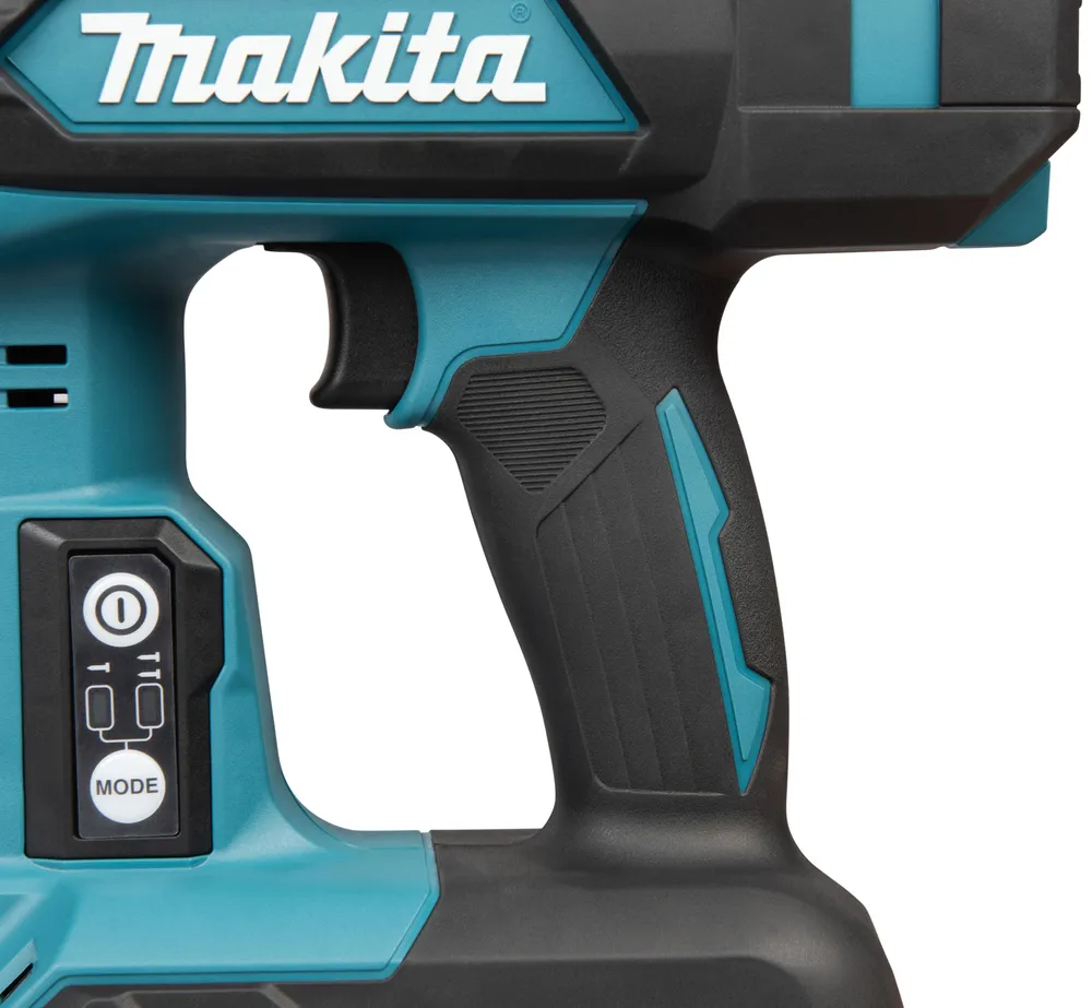 Pildil on näha Makita akuklambripüstol DST630ZJ osa, millel on selgelt eristuv Makita logo, käepideme tekstuur ning MODE...