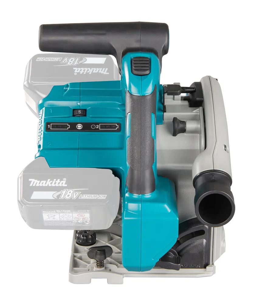 Pildil on Makita akuketassaag DSP601ZJU, kus on näha sae korpus, käepide, aku kinnituskohad, ketas, tolmuotsik ja...