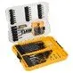 Pildil on avatud DeWalt DT70758 57-osaline otsakute ja puidupuuride komplekt, mis sisaldab erinevaid otsakuid ja puure.