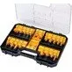 Pildil on avatud DeWalt 22-osaline freeside komplekt, mis sisaldab erinevaid freesiterasid.