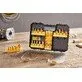 Pildil on avatud DeWalt 22-osaline freeside komplekt, mis sisaldab erinevaid freesiterasid, mis on paigutatud musta ja...