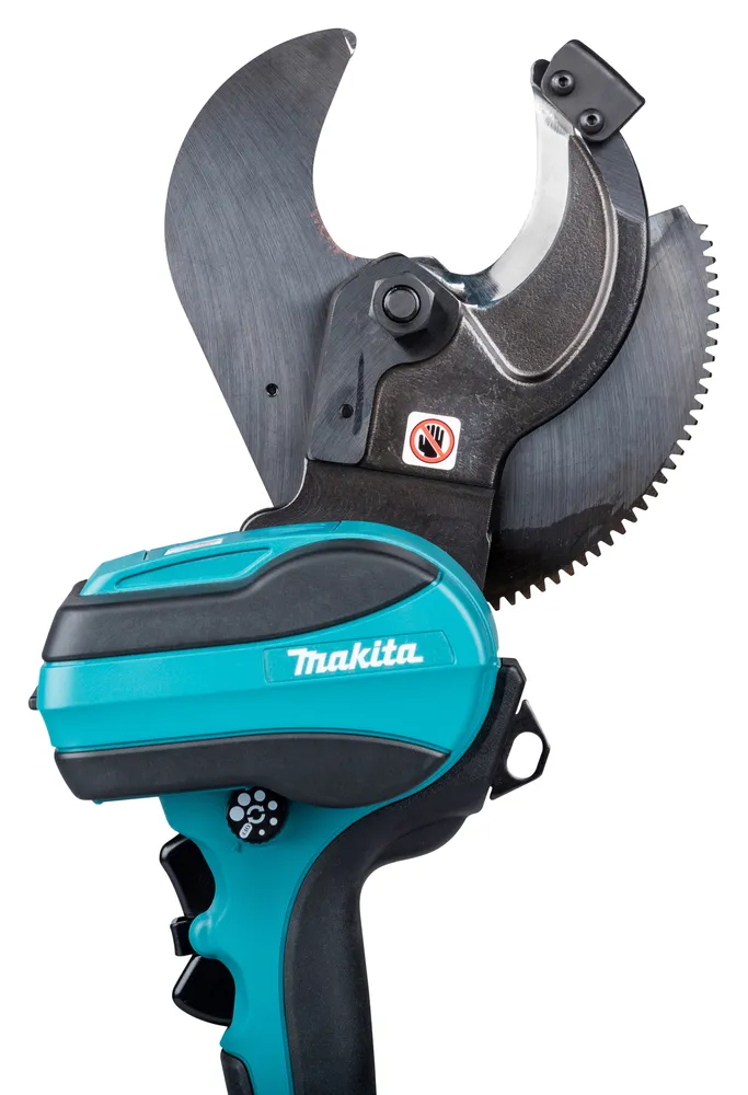 Pildil on Makita DTC101ZK akukaablilõikur, millel on kaks lõiketera ja käepideme osa koos brändi logoga.